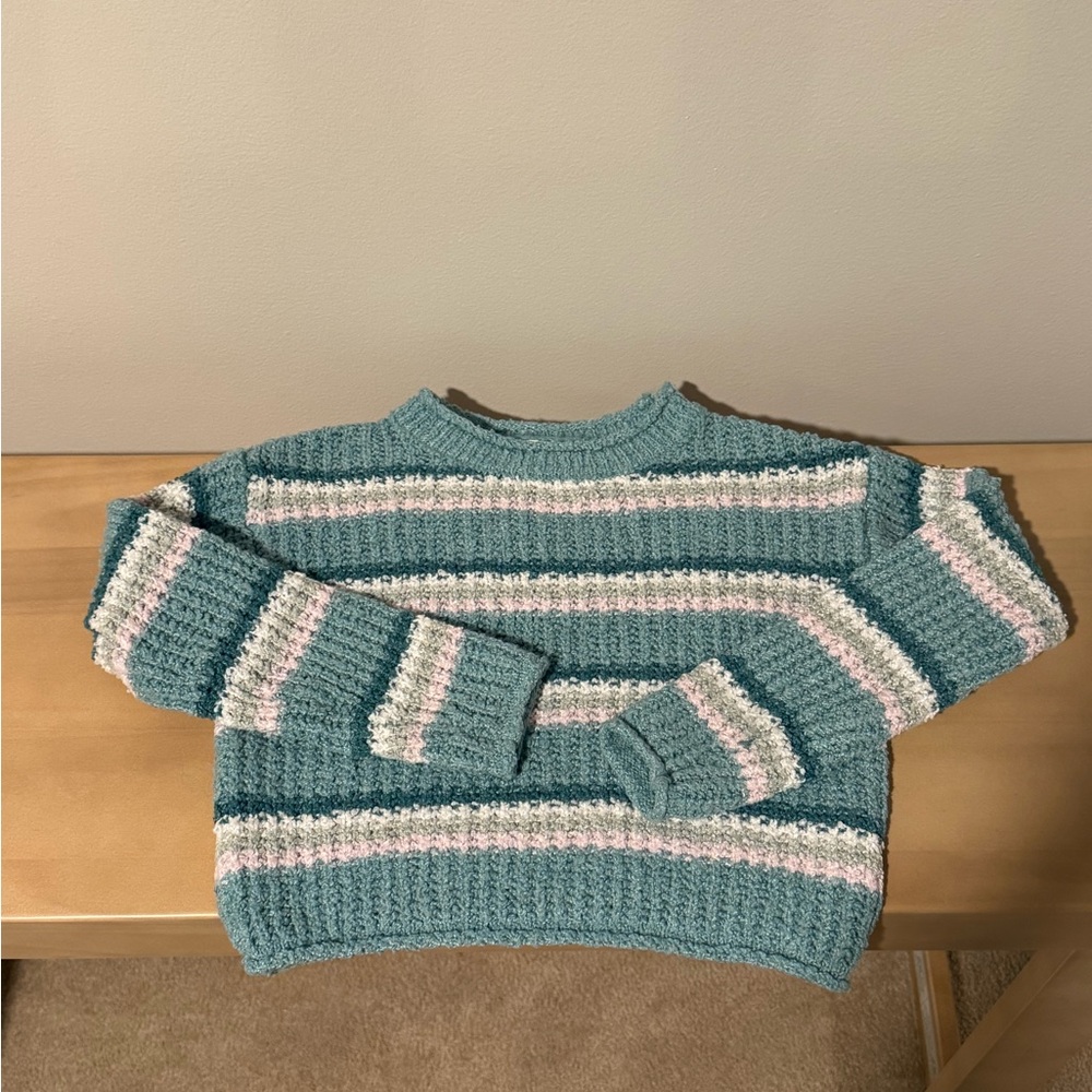 Cat & Jack Striped Chunky Knit Sweater Girls’ Small 6 6X Green Pink Cream